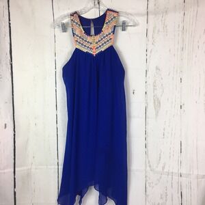 City Studio Women's Blue‎ Embroidery Shark Bite Hem Keyhole Dress/Tunic Size M